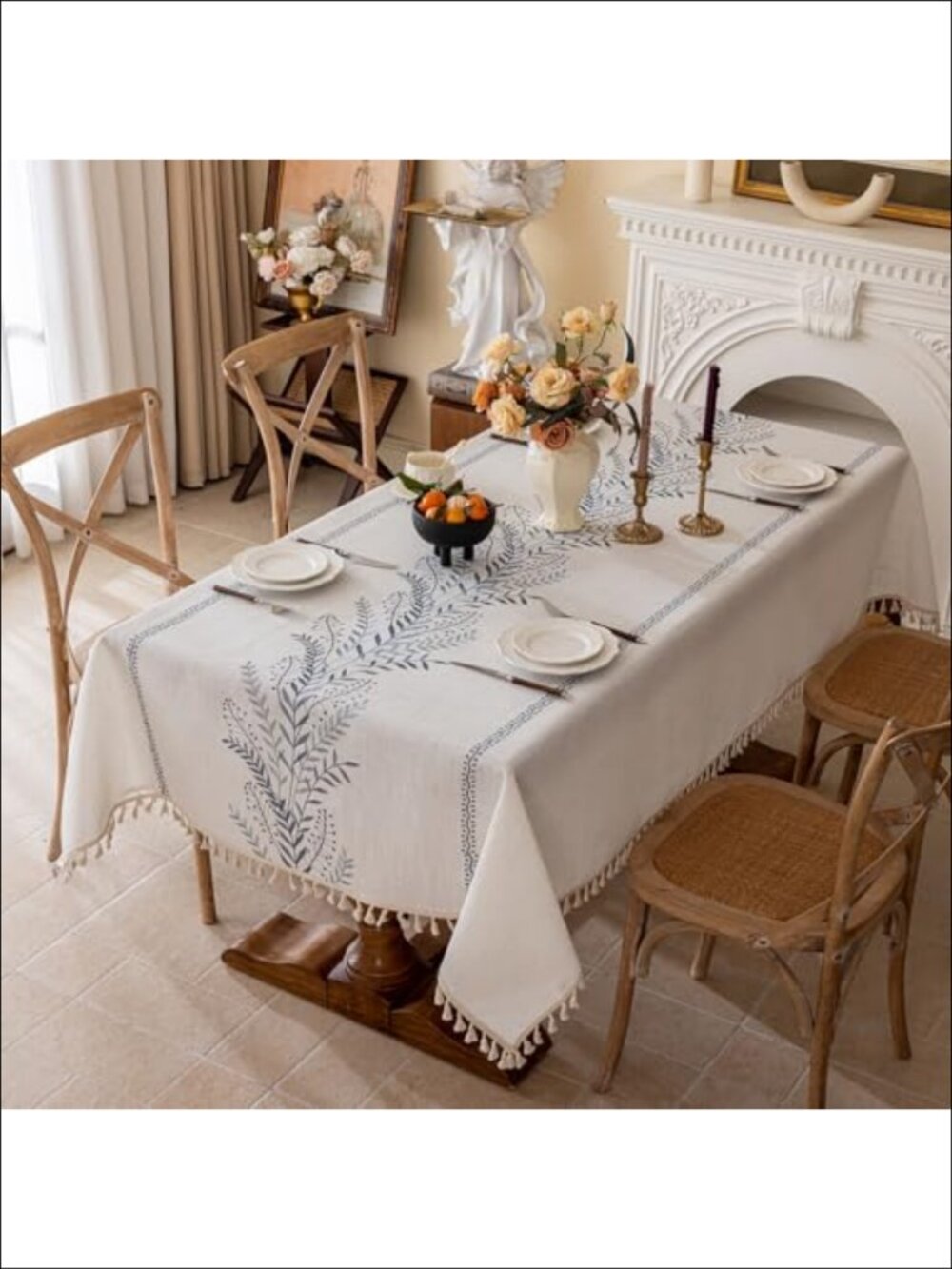 Waterproof Linen Blend Tablecloth Fern Embroidery Rectangle Tassels